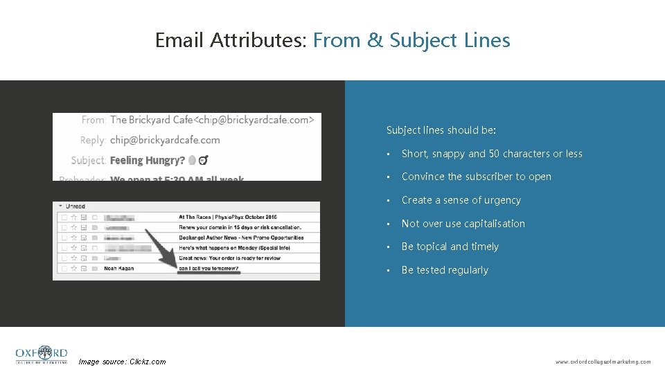 Email Attributes: From & Subject Lines Subject lines should be: Image source: Clickz. com