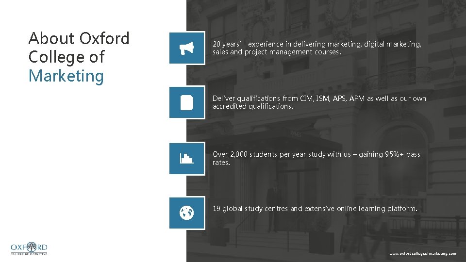About Oxford College of Marketing 20 years’ experience in delivering marketing, digital marketing, sales