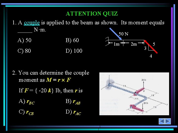 ATTENTION QUIZ 1. A couple is applied to the beam as shown. Its moment