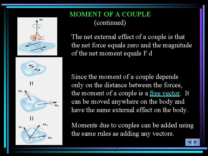 MOMENT OF A COUPLE (continued) The net external effect of a couple is that