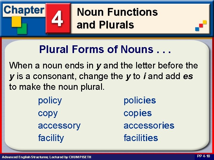 Noun Functions and Plurals Plural Forms of Nouns. . . When a noun ends