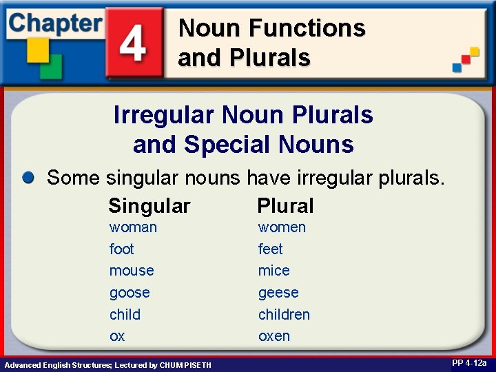 Noun Functions and Plurals Irregular Noun Plurals and Special Nouns Some singular nouns have