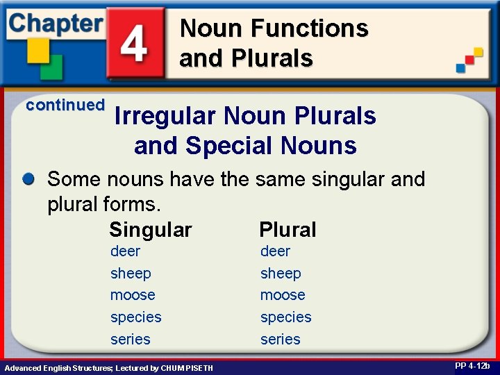 Noun Functions and Plurals continued Irregular Noun Plurals and Special Nouns Some nouns have