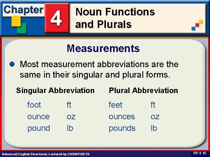 Noun Functions and Plurals Measurements Most measurement abbreviations are the same in their singular