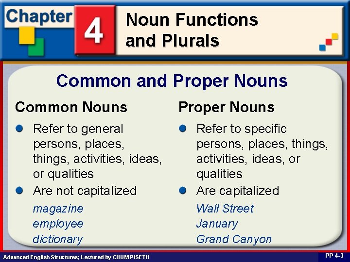 Noun Functions and Plurals Common and Proper Nouns Common Nouns Proper Nouns Refer to