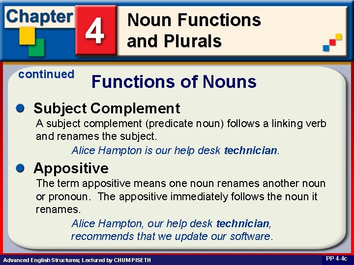 Noun Functions and Plurals continued Functions of Nouns Subject Complement A subject complement (predicate