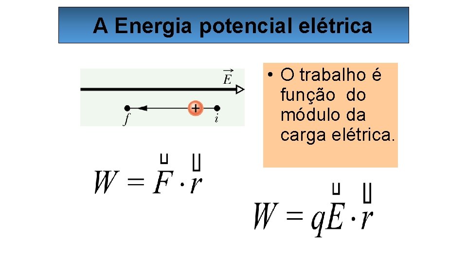 A Energia potencial elétrica • O trabalho é função do módulo da carga elétrica.