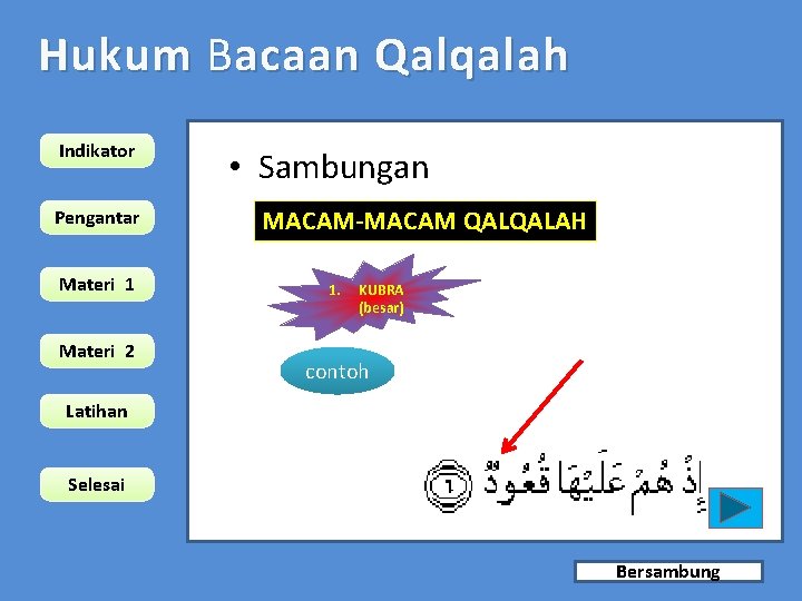 Hukum B acaan Qalqalah Indikator Pengantar Materi 1 Materi 2 • Sambungan MACAM-MACAM QALQALAH