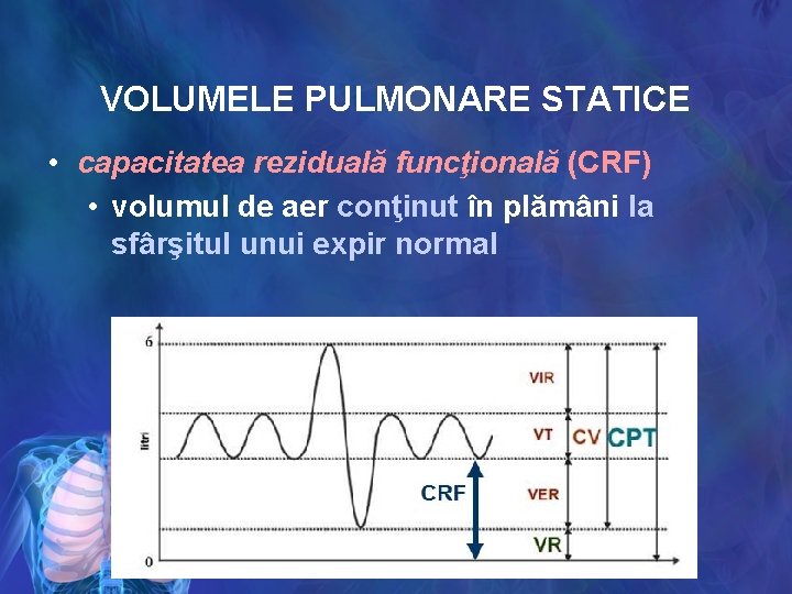 VOLUMELE PULMONARE STATICE • capacitatea reziduală funcţională (CRF) • volumul de aer conţinut în