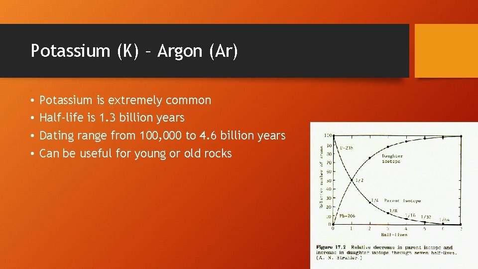 Potassium (K) – Argon (Ar) • • Potassium is extremely common Half-life is 1.