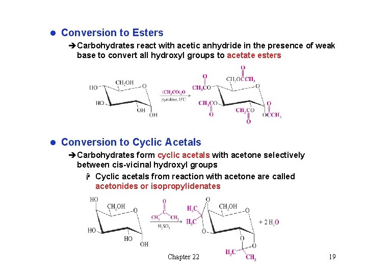 l Conversion to Esters èCarbohydrates react with acetic anhydride in the presence of weak