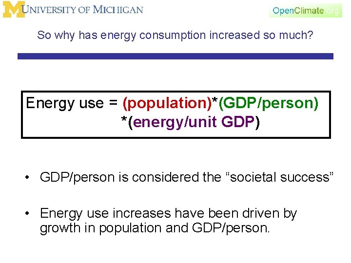 So why has energy consumption increased so much? Energy use = (population)*(GDP/person) *(energy/unit GDP)