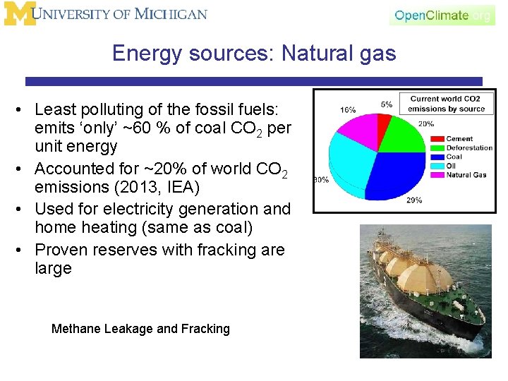 Energy sources: Natural gas • Least polluting of the fossil fuels: emits ‘only’ ~60
