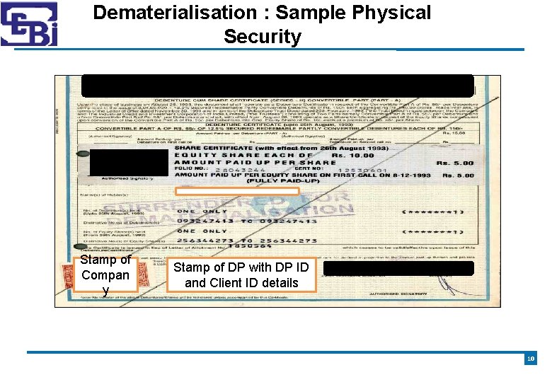 Dematerialisation : Sample Physical Security Stamp of Compan y Stamp of DP with DP