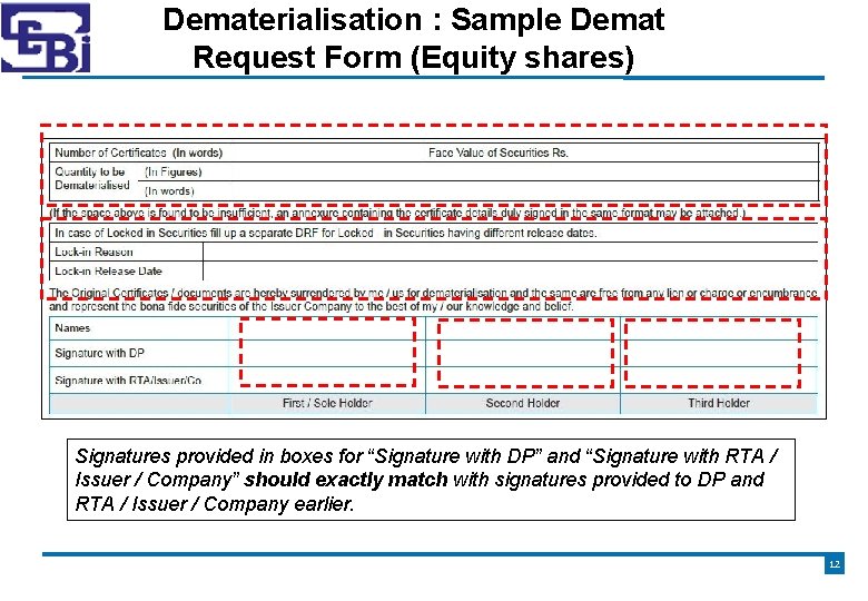 Dematerialisation : Sample Demat Request Form (Equity shares) Signatures provided in boxes for “Signature