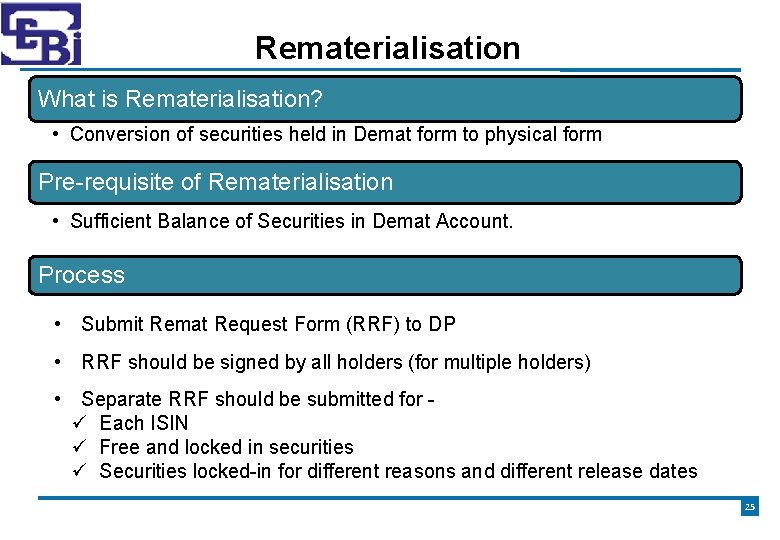 Rematerialisation What is Rematerialisation? • Conversion of securities held in Demat form to physical