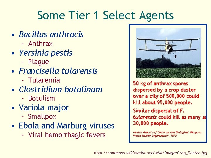 Some Tier 1 Select Agents • Bacillus anthracis – Anthrax • Yersinia pestis –