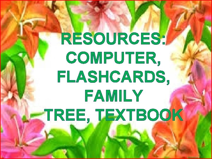 RESOURCES: COMPUTER, FLASHCARDS, FAMILY TREE, TEXTBOOK 