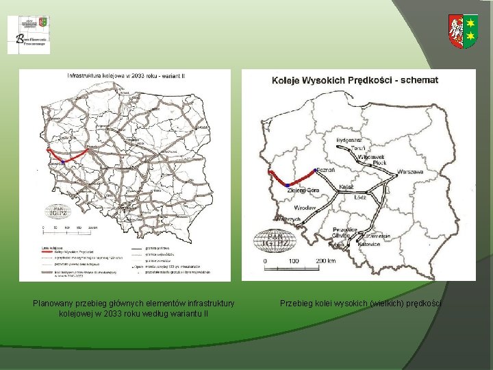 Planowany przebieg głównych elementów infrastruktury kolejowej w 2033 roku według wariantu II Przebieg kolei