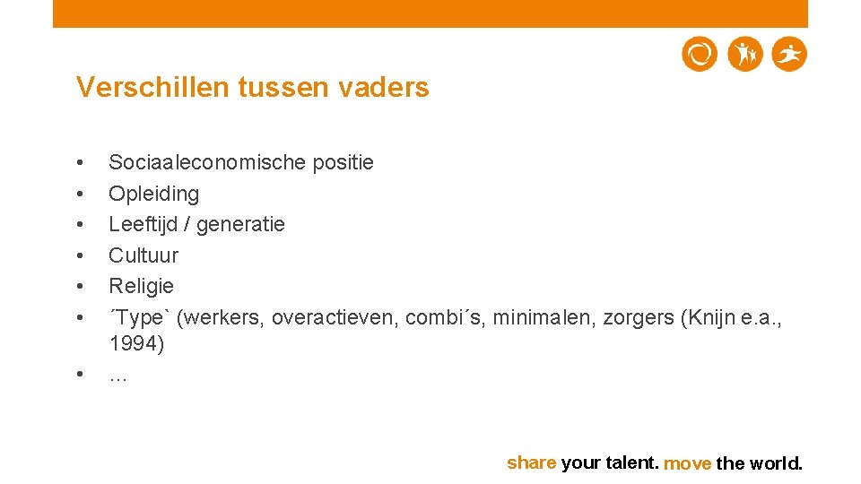 Verschillen tussen vaders • • Sociaaleconomische positie Opleiding Leeftijd / generatie Cultuur Religie ´Type`