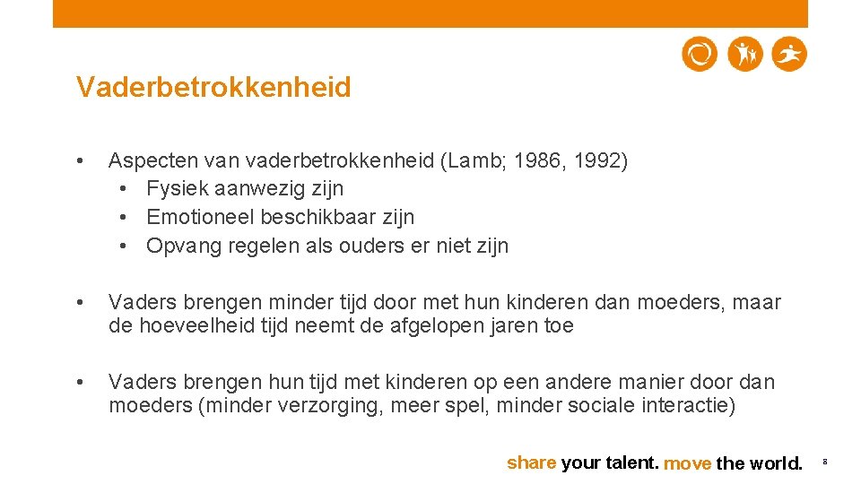 Vaderbetrokkenheid • Aspecten vaderbetrokkenheid (Lamb; 1986, 1992) • Fysiek aanwezig zijn • Emotioneel beschikbaar