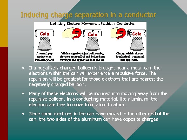 Inducing charge separation in a conductor • If a negatively charged balloon is brought