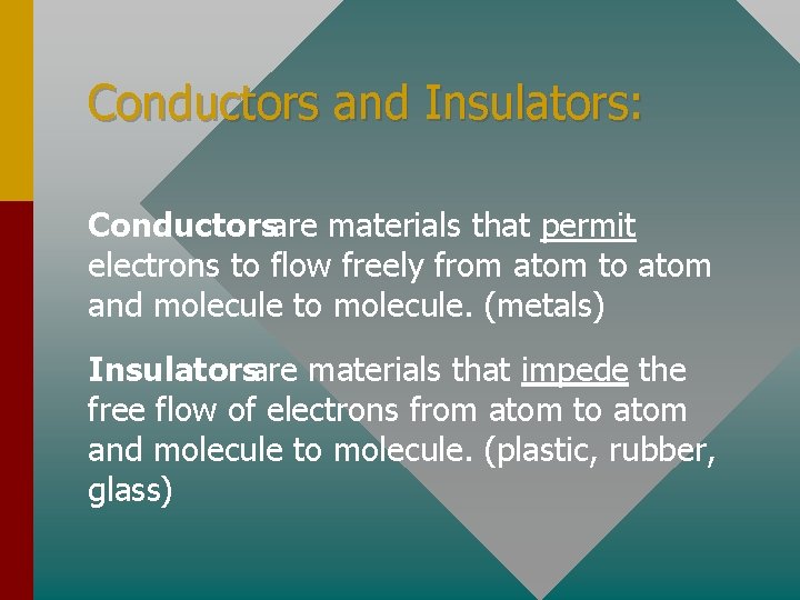 Conductors and Insulators: Conductorsare materials that permit electrons to flow freely from atom to