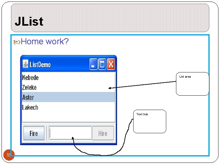 JList Home work? List area Text box 55 JList Home work? List area Text box 55