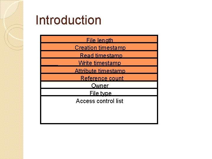 Introduction File length Creation timestamp Read timestamp Write timestamp Attribute timestamp Reference count Owner Introduction File length Creation timestamp Read timestamp Write timestamp Attribute timestamp Reference count Owner