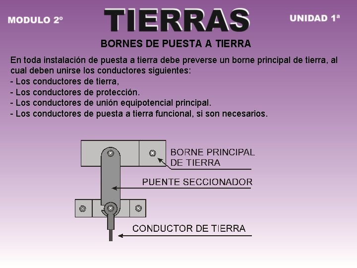 BORNES DE PUESTA A TIERRA En toda instalación de puesta a tierra debe preverse