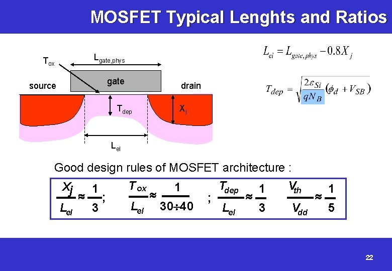 MOSFET Typical Lenghts and Ratios Tox source Lgate, phys gate Tdep drain Xj Lel