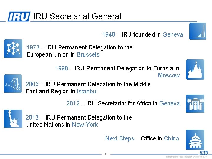 IRU Secretariat General 1948 – IRU founded in Geneva 1973 – IRU Permanent Delegation