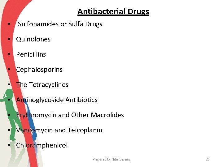 Antibacterial Drugs • Sulfonamides or Sulfa Drugs • Quinolones • Penicillins • Cephalosporins •