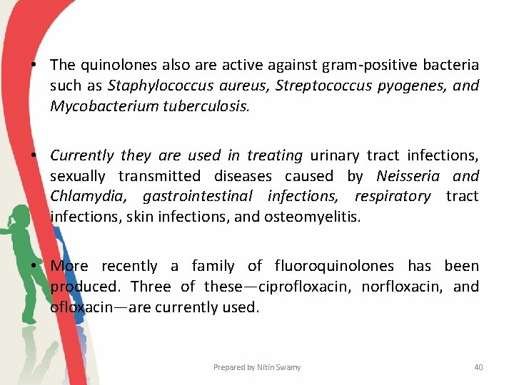  • The quinolones also are active against gram-positive bacteria such as Staphylococcus aureus,