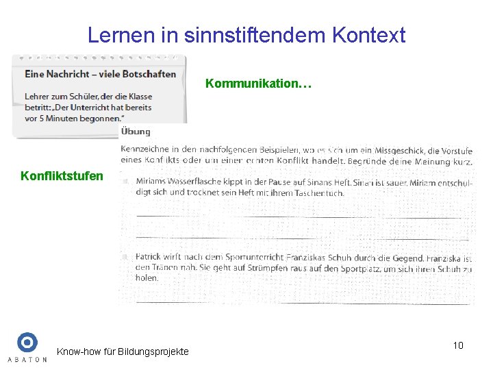 Lernen in sinnstiftendem Kontext Kommunikation… Konfliktstufen Know-how für Bildungsprojekte 10 