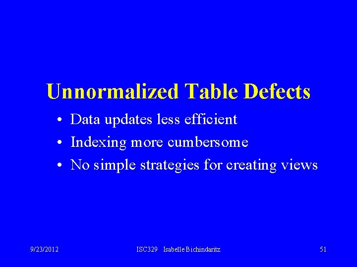 Unnormalized Table Defects • Data updates less efficient • Indexing more cumbersome • No