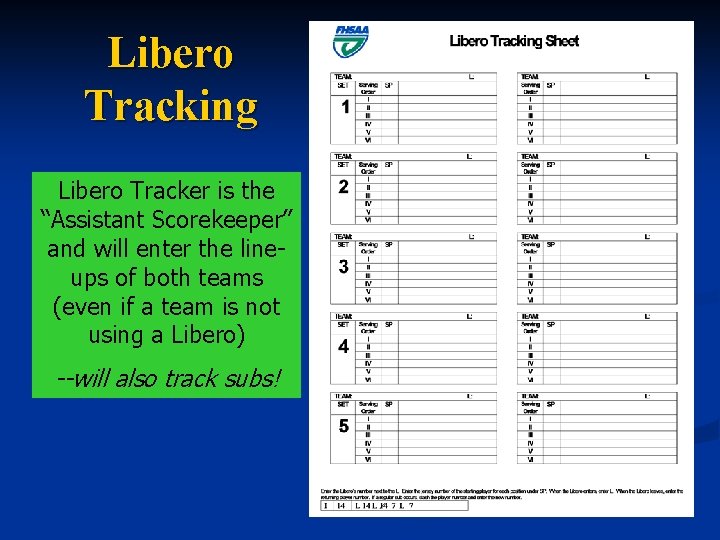 Libero Tracking Libero Tracker is the “Assistant Scorekeeper” and will enter the lineups of