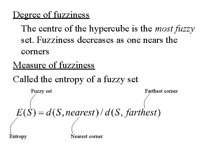 Degree of fuzziness The centre of the hypercube is the most fuzzy set. Fuzziness