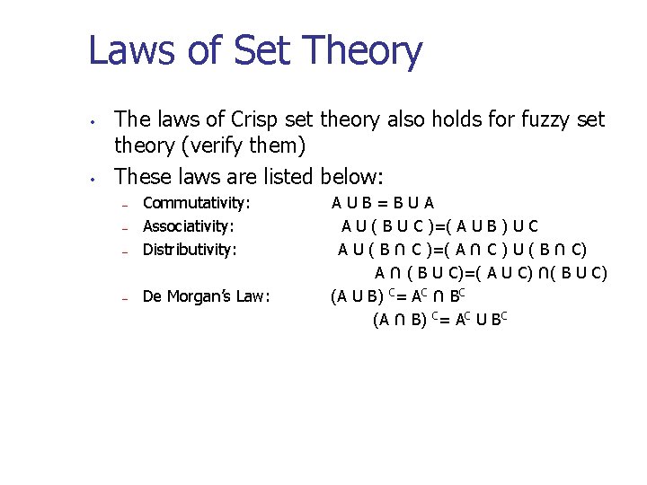 Laws of Set Theory • • The laws of Crisp set theory also holds