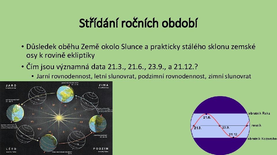 Střídání ročních období • Důsledek oběhu Země okolo Slunce a prakticky stálého sklonu zemské
