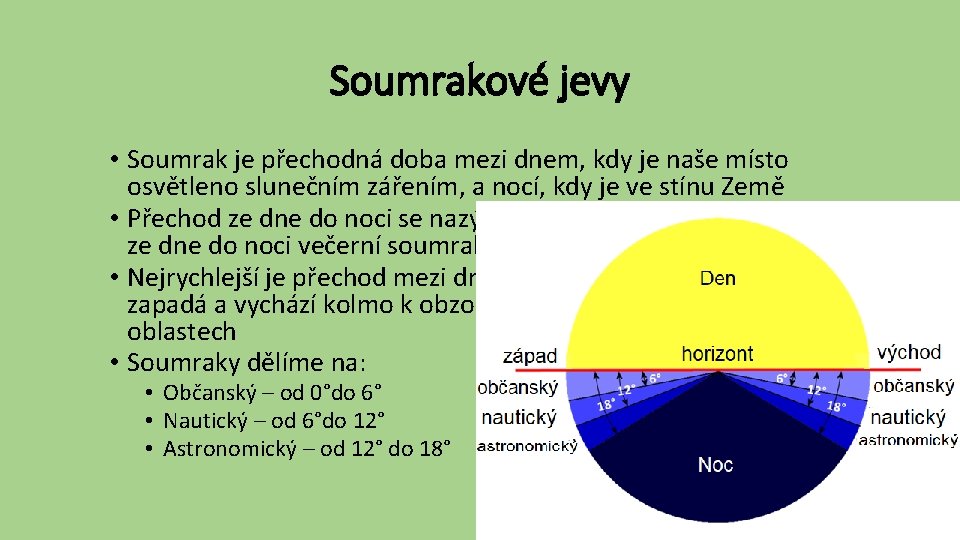 Soumrakové jevy • Soumrak je přechodná doba mezi dnem, kdy je naše místo osvětleno