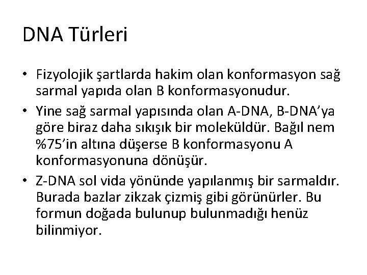 DNA Türleri • Fizyolojik şartlarda hakim olan konformasyon sağ sarmal yapıda olan B konformasyonudur.