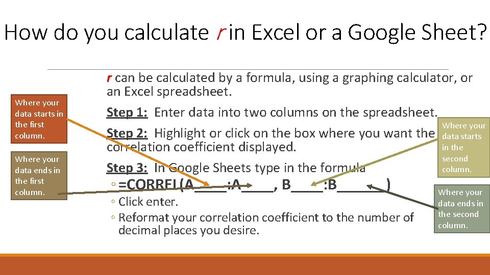 How do you calculate r in Excel or a Google Sheet? Where your data How do you calculate r in Excel or a Google Sheet? Where your data
