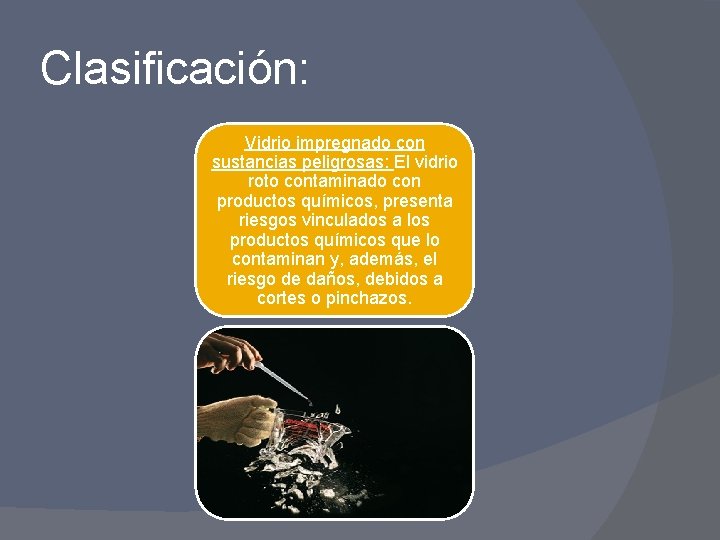 Clasificación: Vidrio impregnado con sustancias peligrosas: El vidrio roto contaminado con productos químicos, presenta