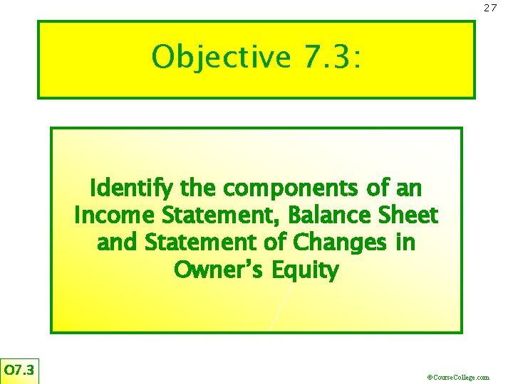 27 Objective 7. 3: Identify the components of an Income Statement, Balance Sheet and