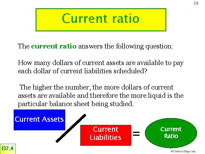 38 Current ratio The current ratio answers the following question: How many dollars of