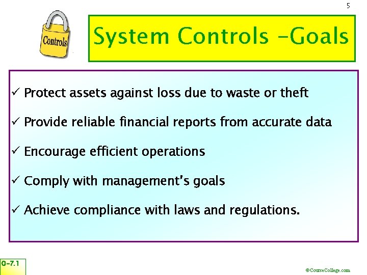 5 System Controls -Goals ü Protect assets against loss due to waste or theft