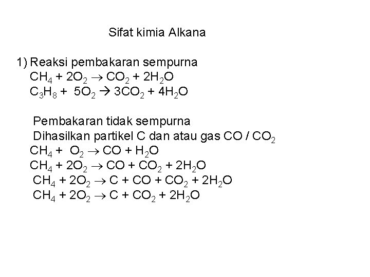Sifat kimia Alkana 1) Reaksi pembakaran sempurna CH 4 + 2 O 2 CO