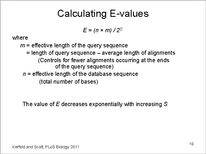 Calculating E-values E = (n × m) / 2 S’ where m = effective