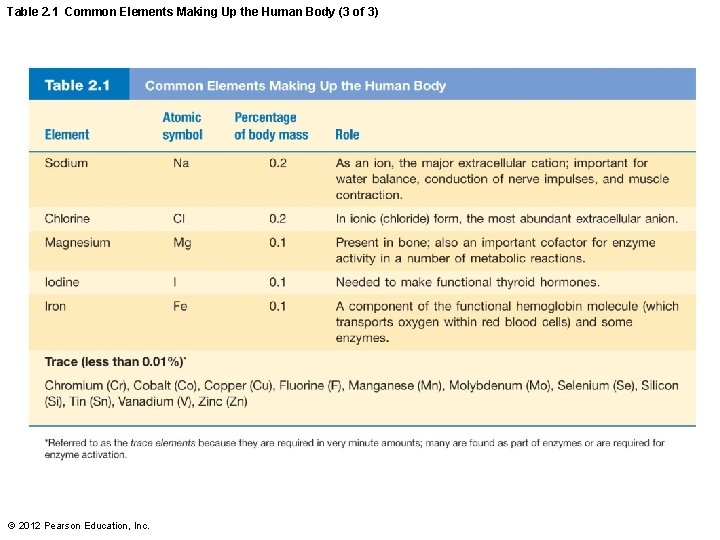 Table 2. 1 Common Elements Making Up the Human Body (3 of 3) © Table 2. 1 Common Elements Making Up the Human Body (3 of 3) ©